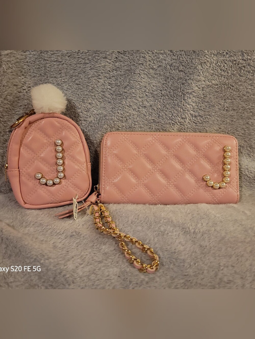 Claire's Pink Quilted Pearl Accent Wallet Clutch with Gold Chain Wristlet